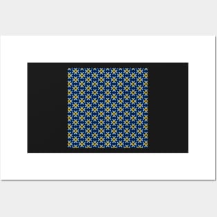 Dark blue, light yellow and blue retro geometrical flower pattern Posters and Art